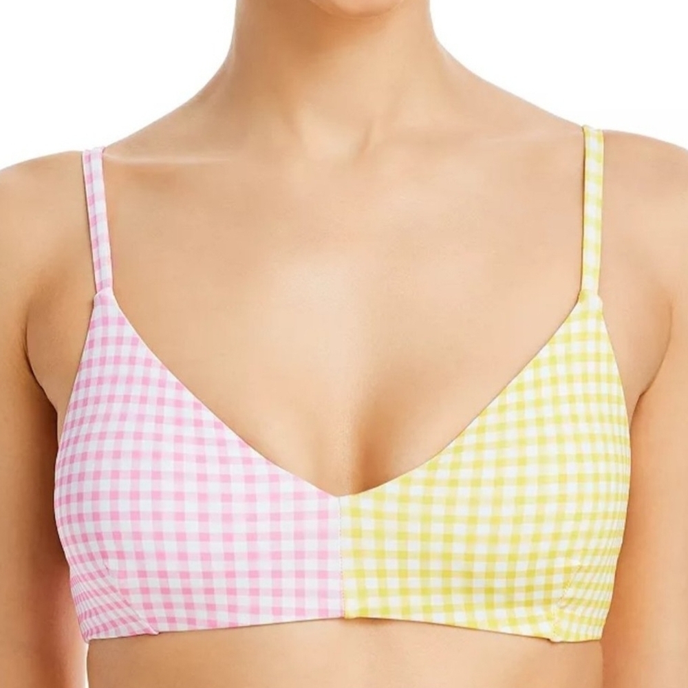 Aqua Pink and Yellow Gingham Bikini Top, Size Medium
